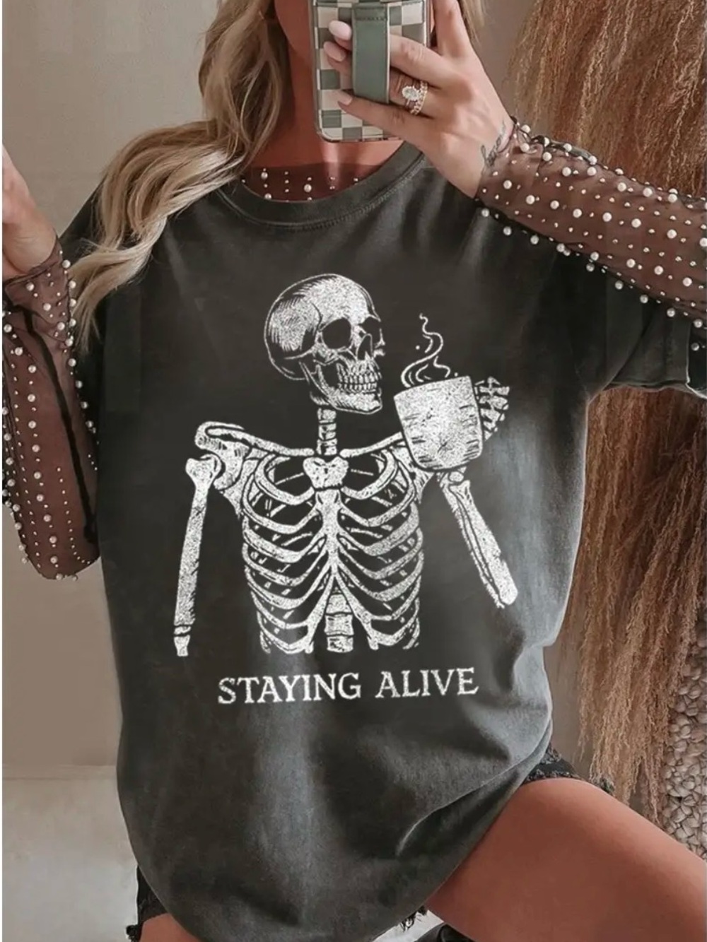 Women’s Black 'Staying Alive' Skeleton Graphic Short Sleeve Tee - NWOT